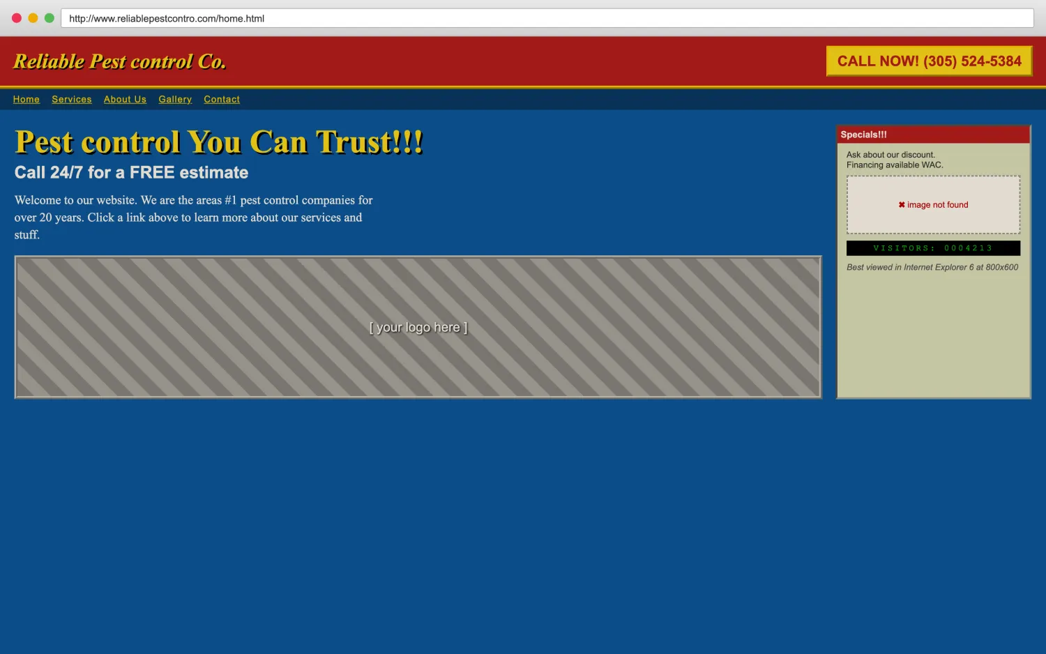 Illustrative example of a dated, broken pest control website with clashing colors, a missing image, and hard-to-read layout.