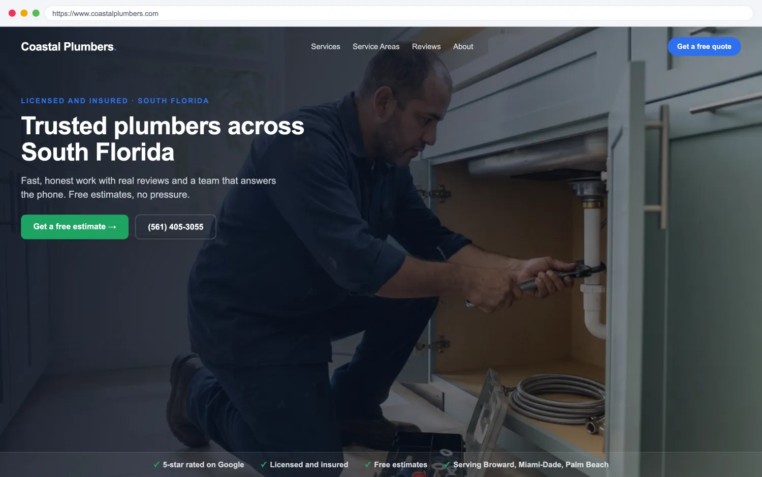 Illustrative example of a modern, fast plumbers website by FoundRank.ai with a clear hero, a get-a-quote button, and trust signals.
