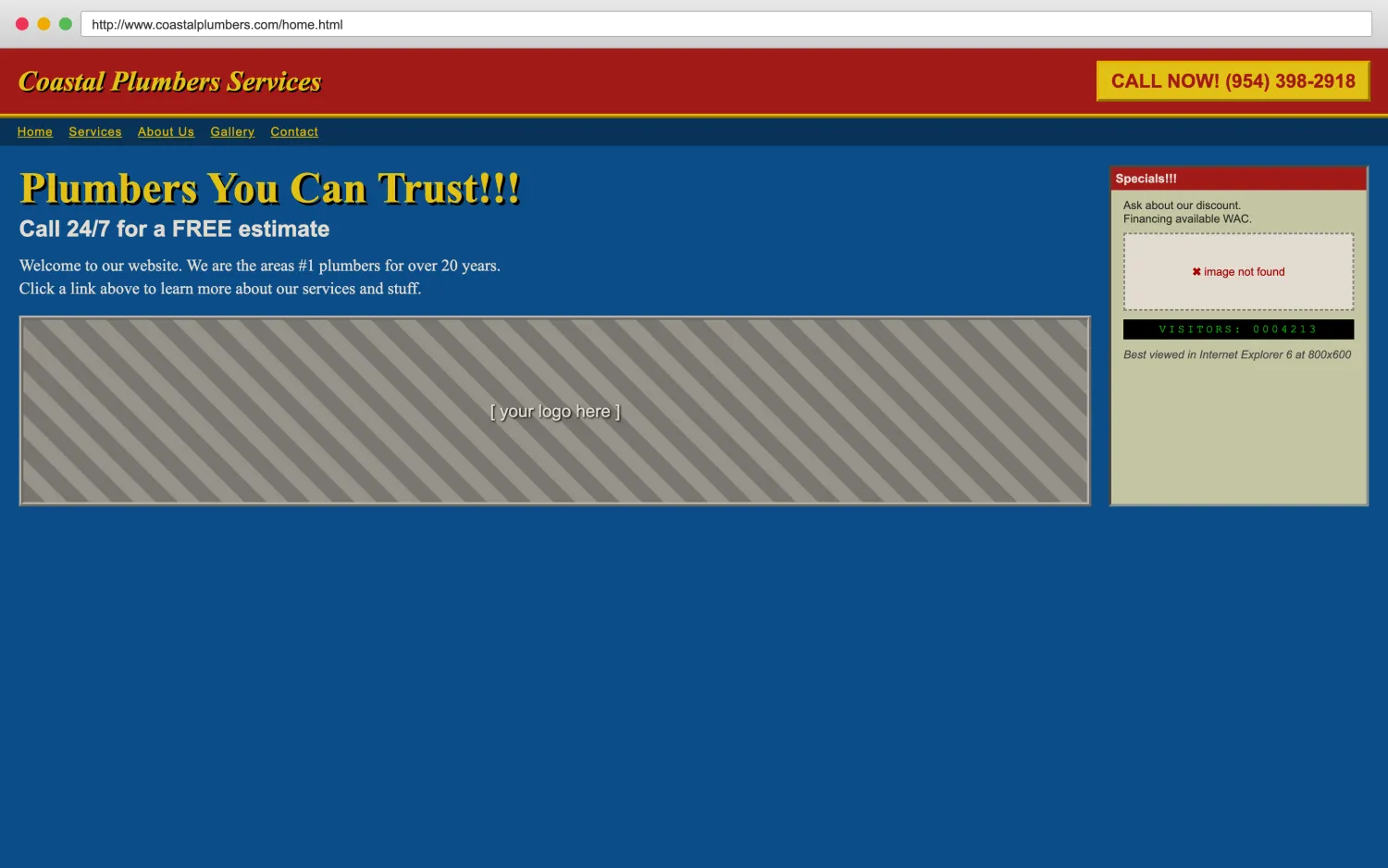 Illustrative example of a dated, broken plumbers website with clashing colors, a missing image, and hard-to-read layout.