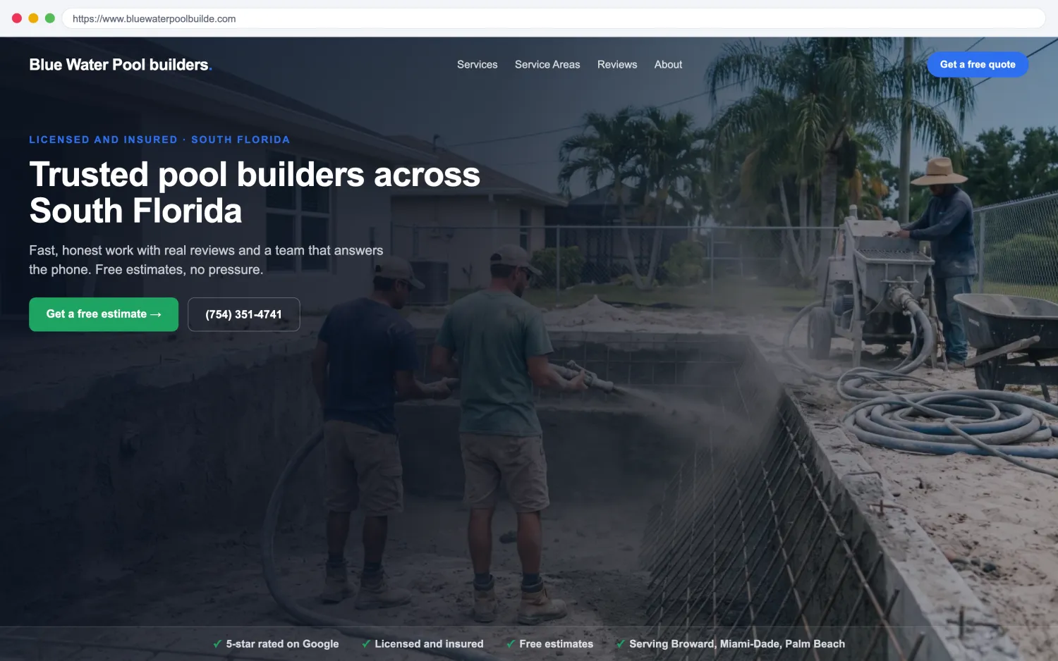 Illustrative example of a modern, fast pool builders website by FoundRank.ai with a clear hero, a get-a-quote button, and trust signals.