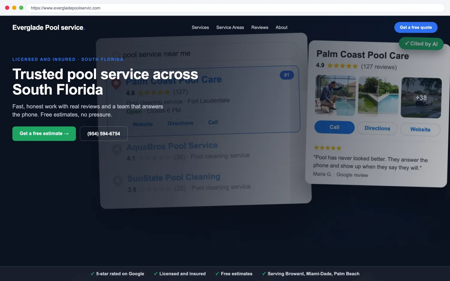 Illustrative example of a modern, fast pool service website by FoundRank.ai with a clear hero, a get-a-quote button, and trust signals.