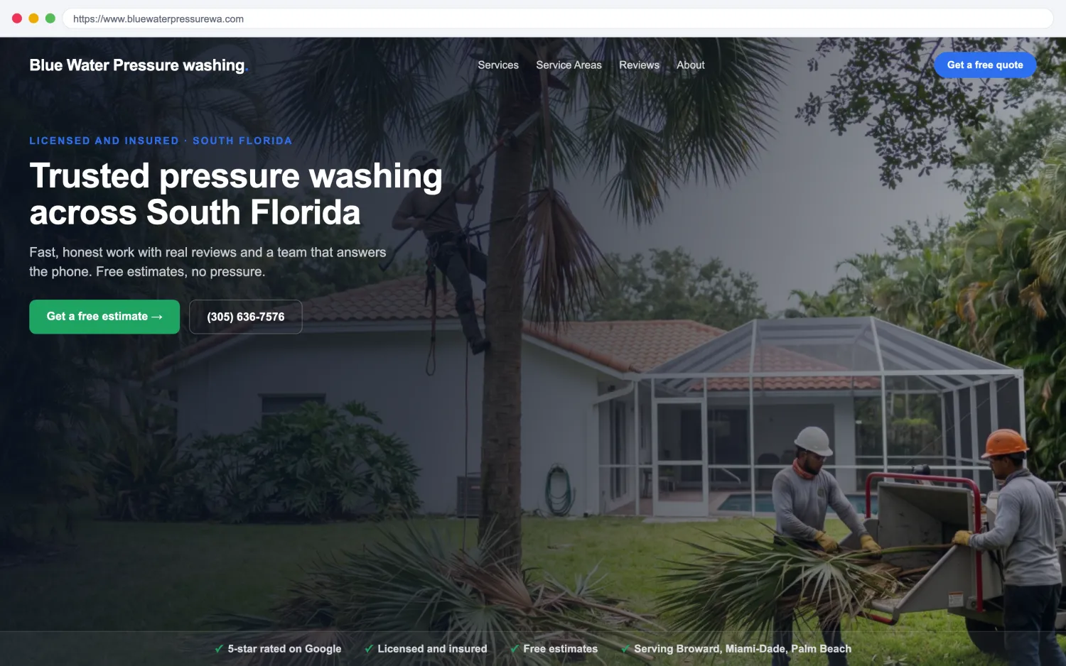 Illustrative example of a modern, fast pressure washing website by FoundRank.ai with a clear hero, a get-a-quote button, and trust signals.