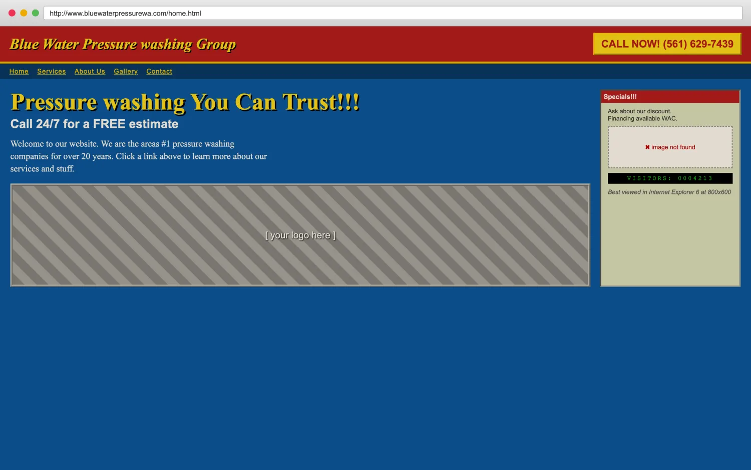 Illustrative example of a dated, broken pressure washing website with clashing colors, a missing image, and hard-to-read layout.