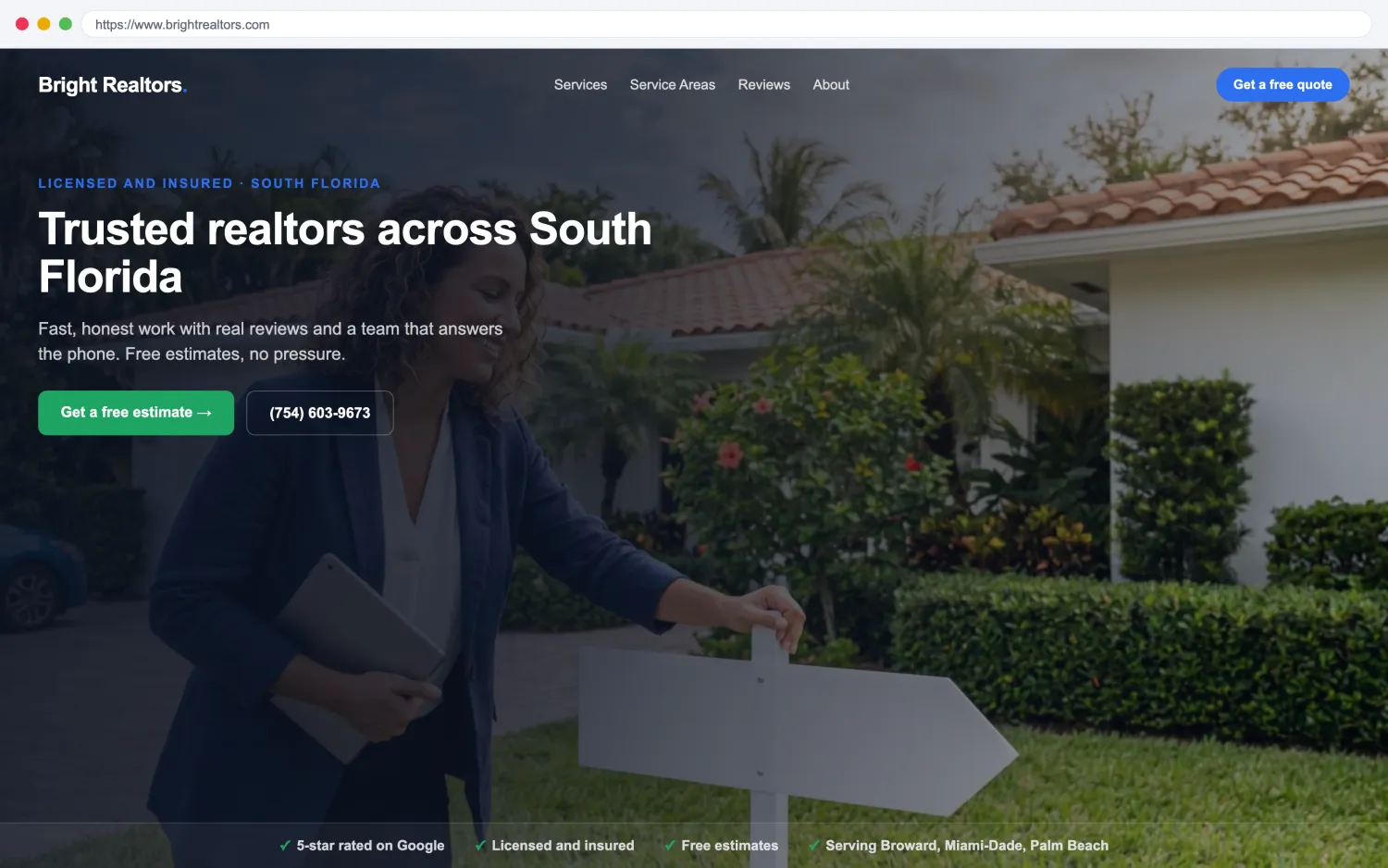 Illustrative example of a modern, fast realtors and agents website by FoundRank.ai with a clear hero, a get-a-quote button, and trust signals.