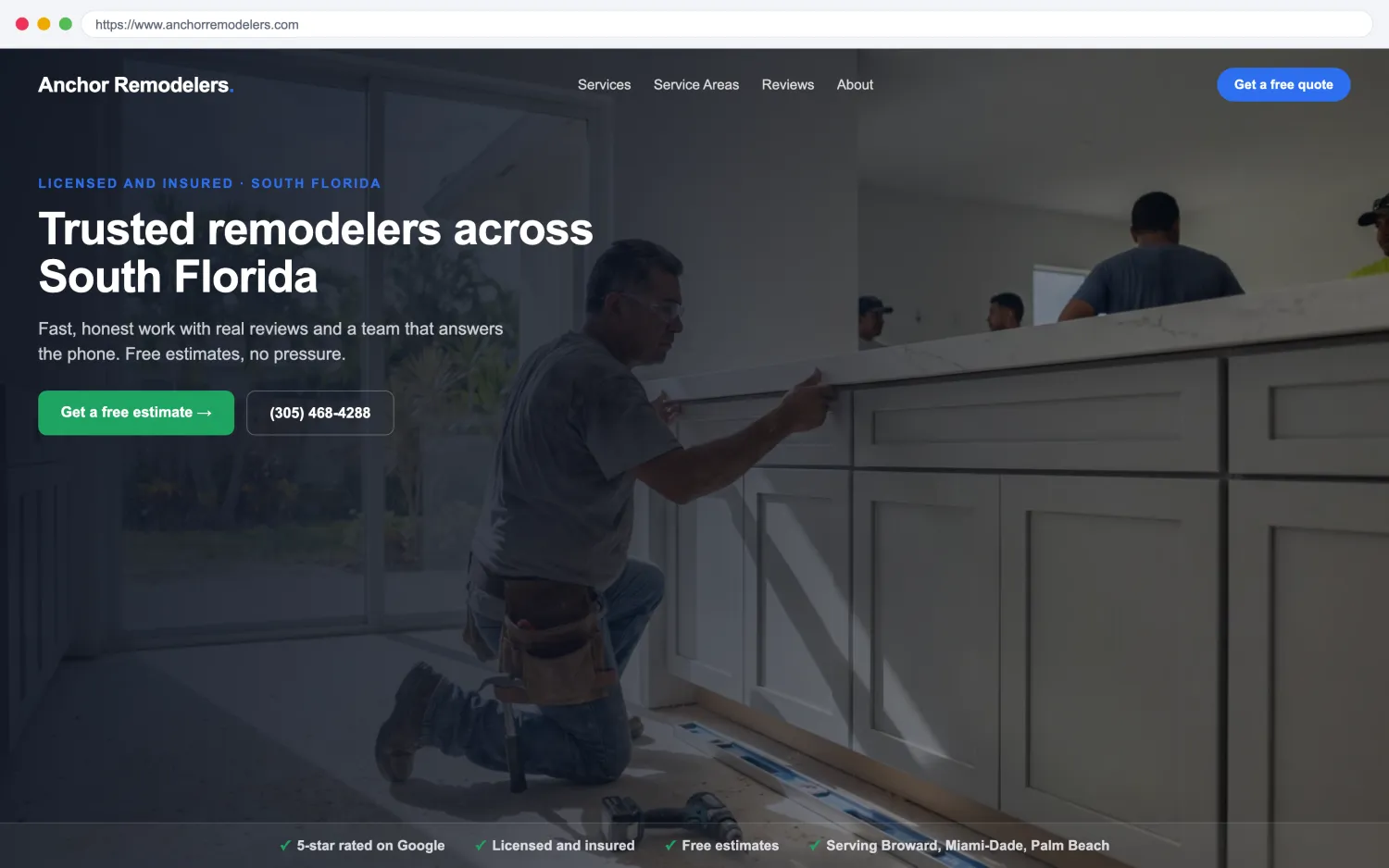 Illustrative example of a modern, fast remodelers and contractors website by FoundRank.ai with a clear hero, a get-a-quote button, and trust signals.