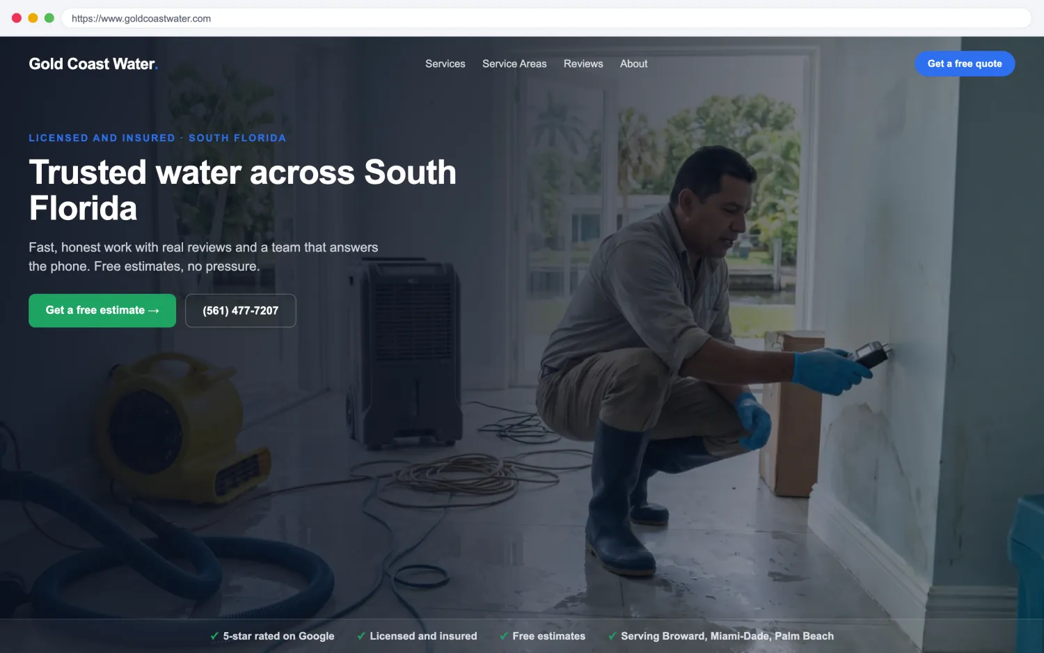 Illustrative example of a modern, fast water and storm restoration website by FoundRank.ai with a clear hero, a get-a-quote button, and trust signals.