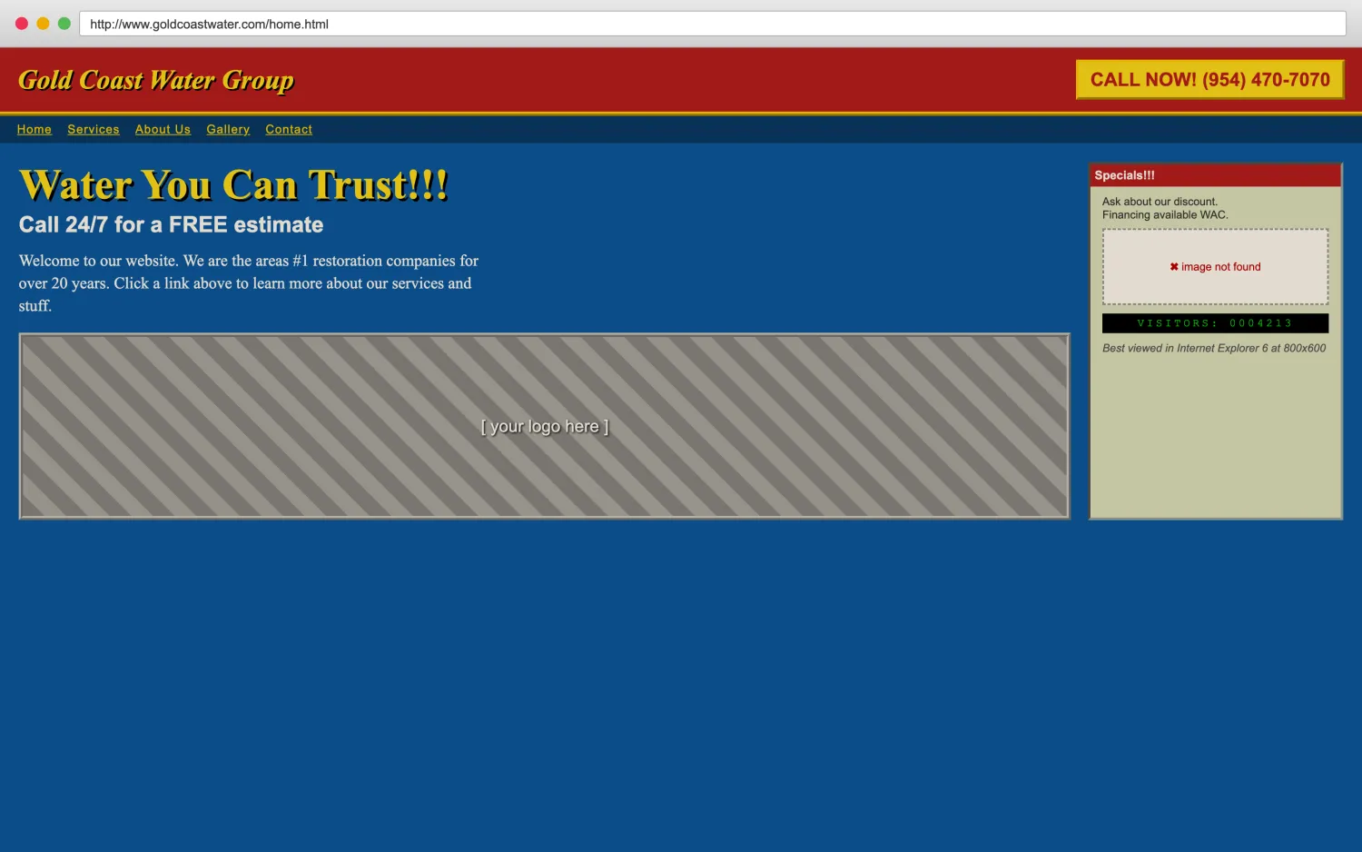 Illustrative example of a dated, broken water and storm restoration website with clashing colors, a missing image, and hard-to-read layout.
