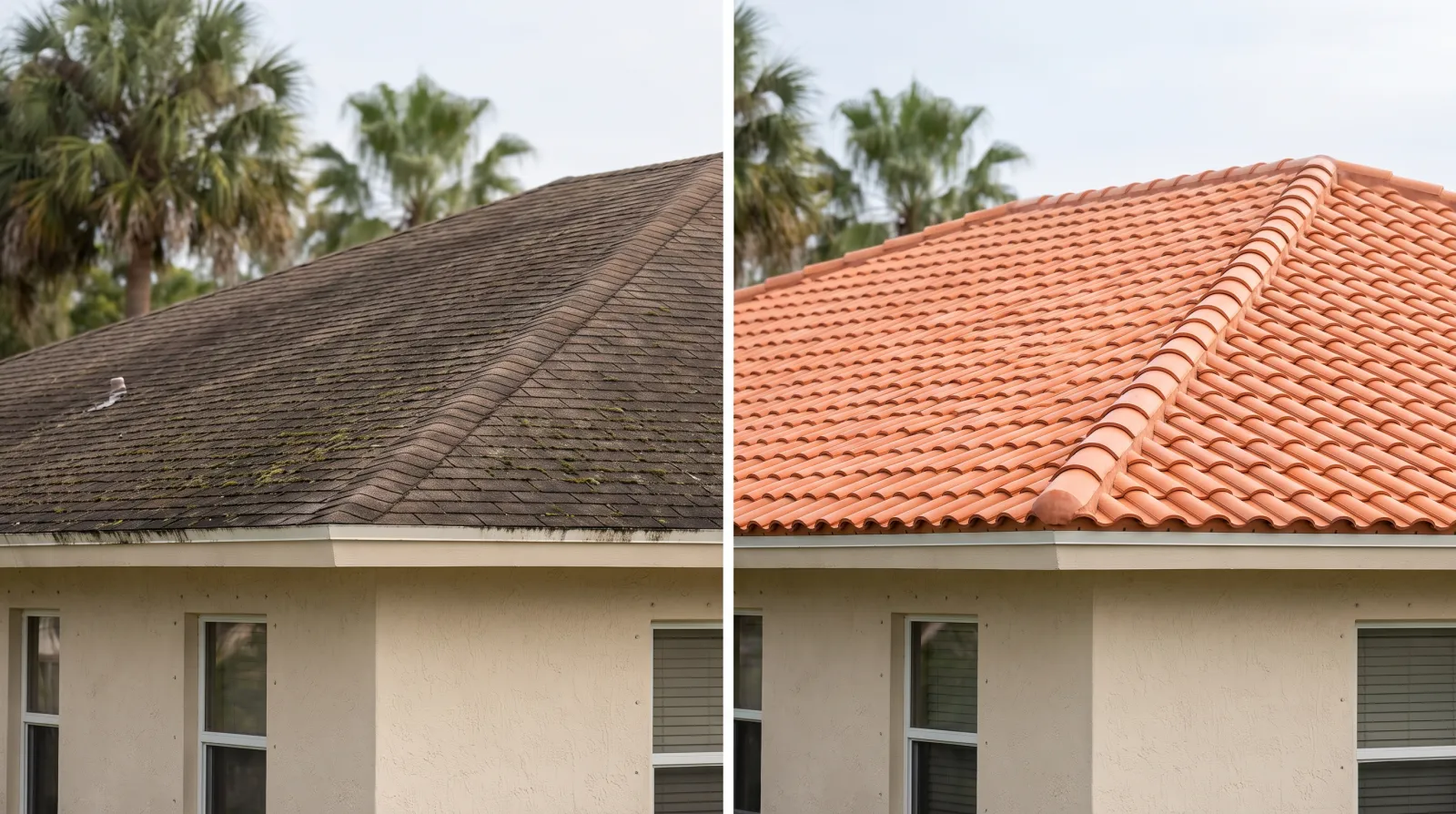 A split before-and-after photo of a South Florida stucco home's roof, showing a worn old roof on the left and a new clay tile roof on the right.