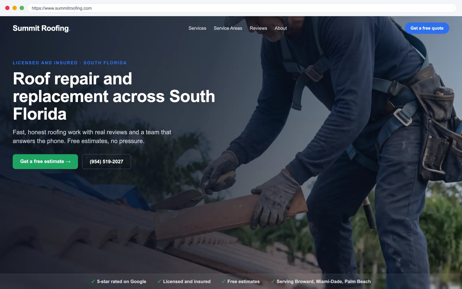 Illustrative example of a modern, fast roofers website by FoundRank.ai with a clear hero, a get-a-quote button, and trust signals.