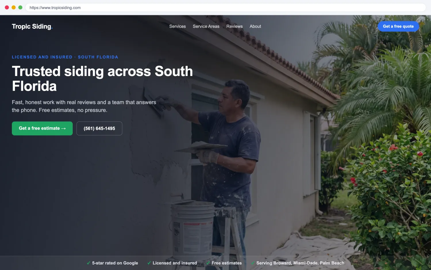Illustrative example of a modern, fast siding website by FoundRank.ai with a clear hero, a get-a-quote button, and trust signals.