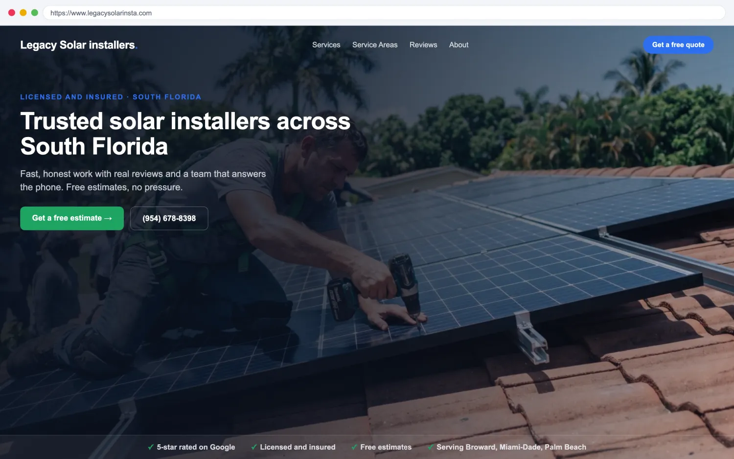 Illustrative example of a modern, fast solar installers website by FoundRank.ai with a clear hero, a get-a-quote button, and trust signals.