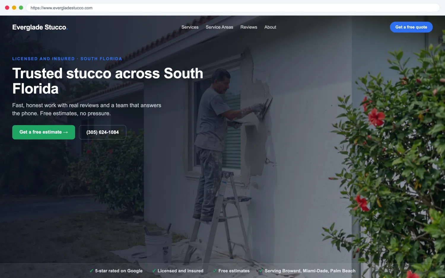 Illustrative example of a modern, fast stucco and waterproofing website by FoundRank.ai with a clear hero, a get-a-quote button, and trust signals.