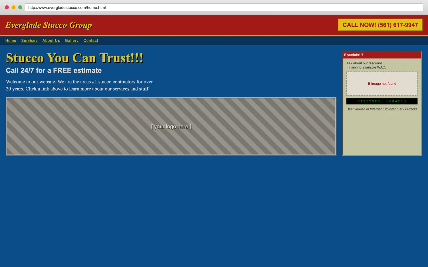 Illustrative example of a dated, broken stucco and waterproofing website with clashing colors, a missing image, and hard-to-read layout.