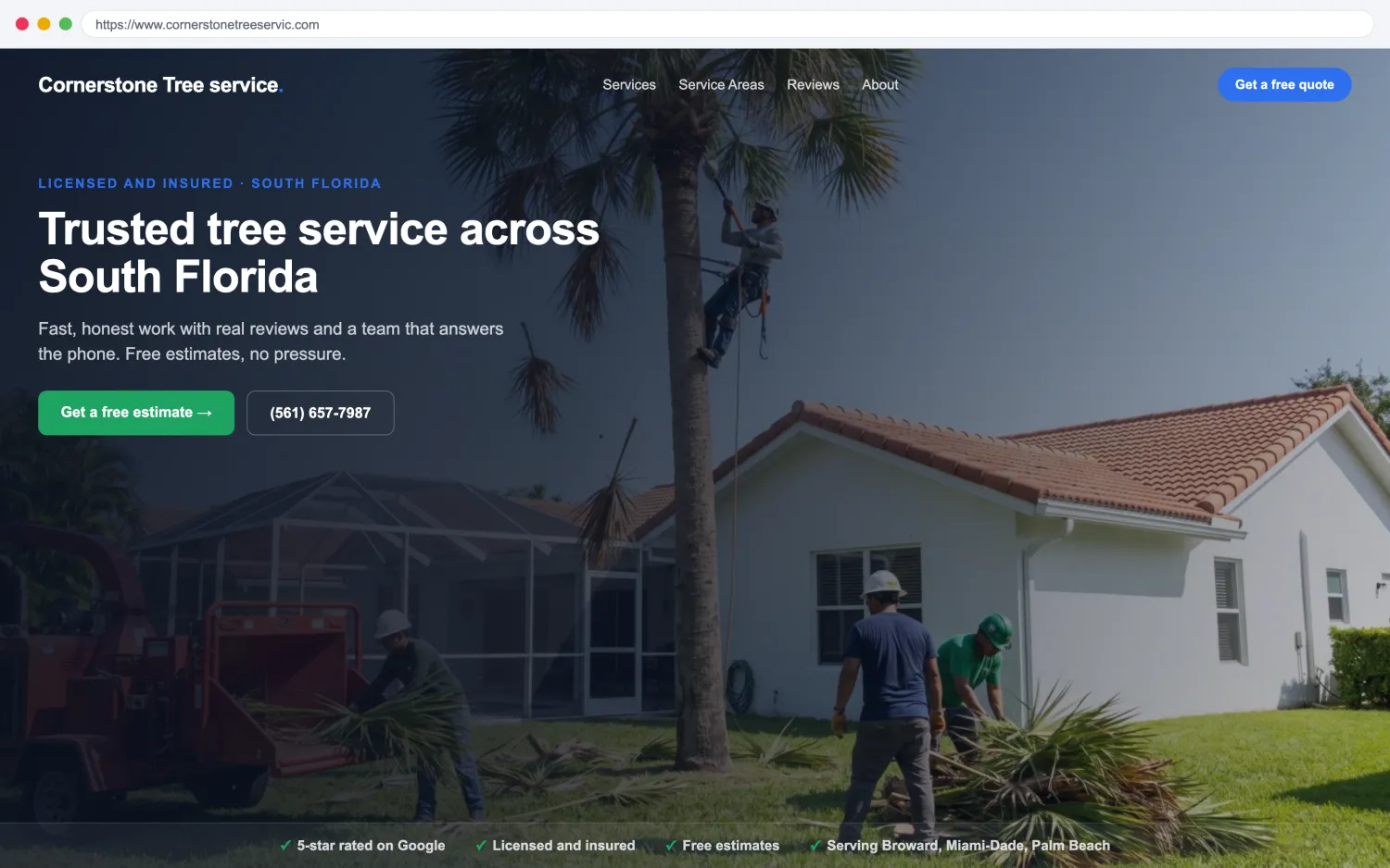 Illustrative example of a modern, fast tree service website by FoundRank.ai with a clear hero, a get-a-quote button, and trust signals.