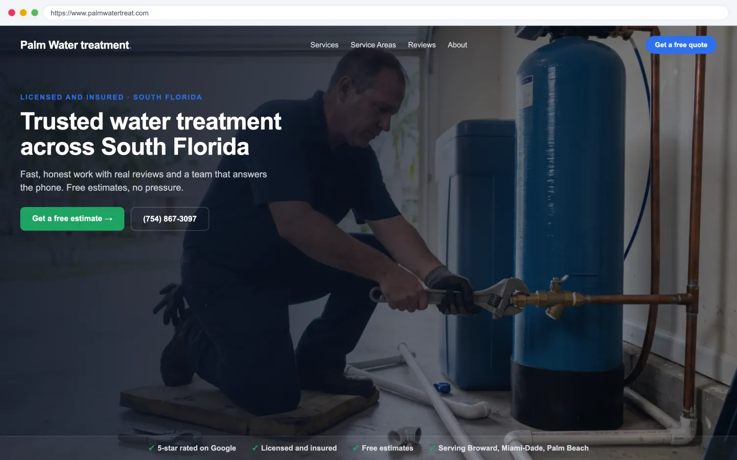Illustrative example of a modern, fast water treatment website by FoundRank.ai with a clear hero, a get-a-quote button, and trust signals.