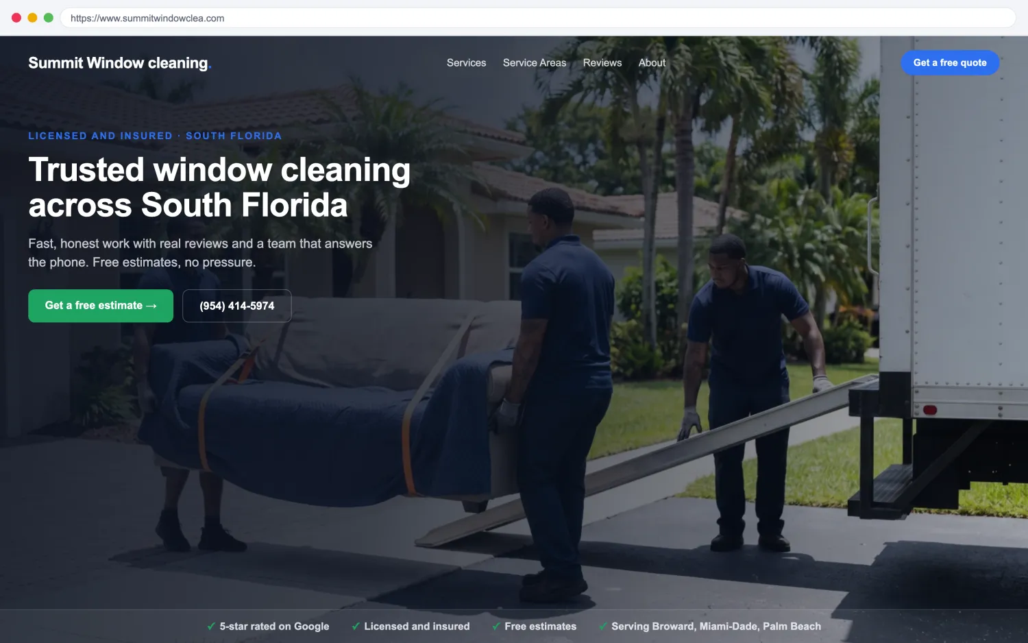 Illustrative example of a modern, fast window cleaning website by FoundRank.ai with a clear hero, a get-a-quote button, and trust signals.