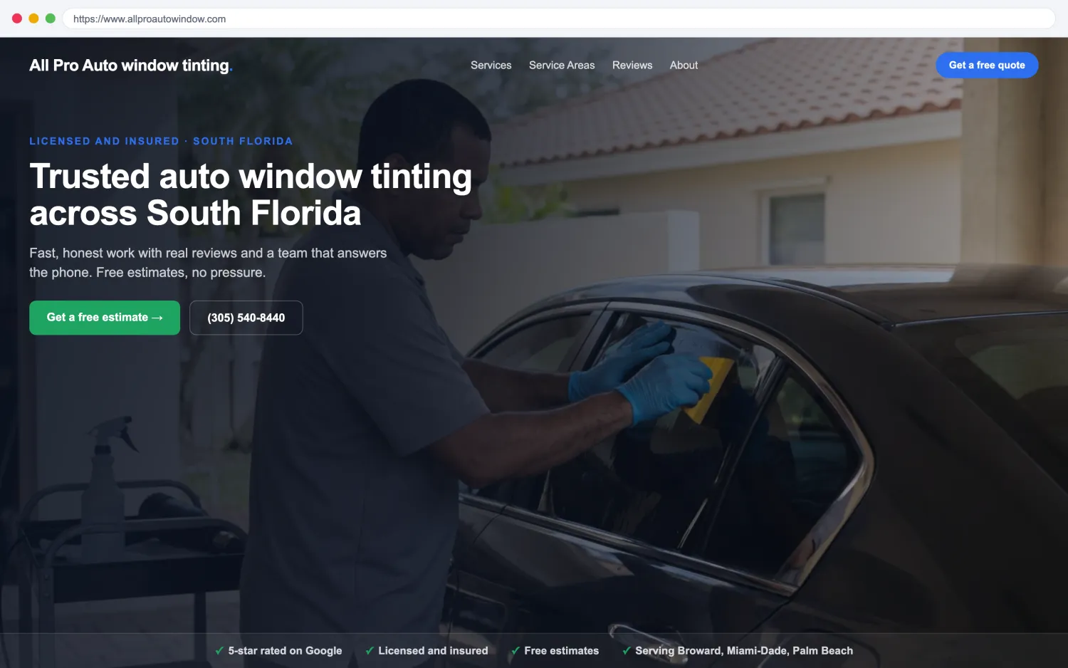 Illustrative example of a modern, fast auto window tinting website by FoundRank.ai with a clear hero, a get-a-quote button, and trust signals.
