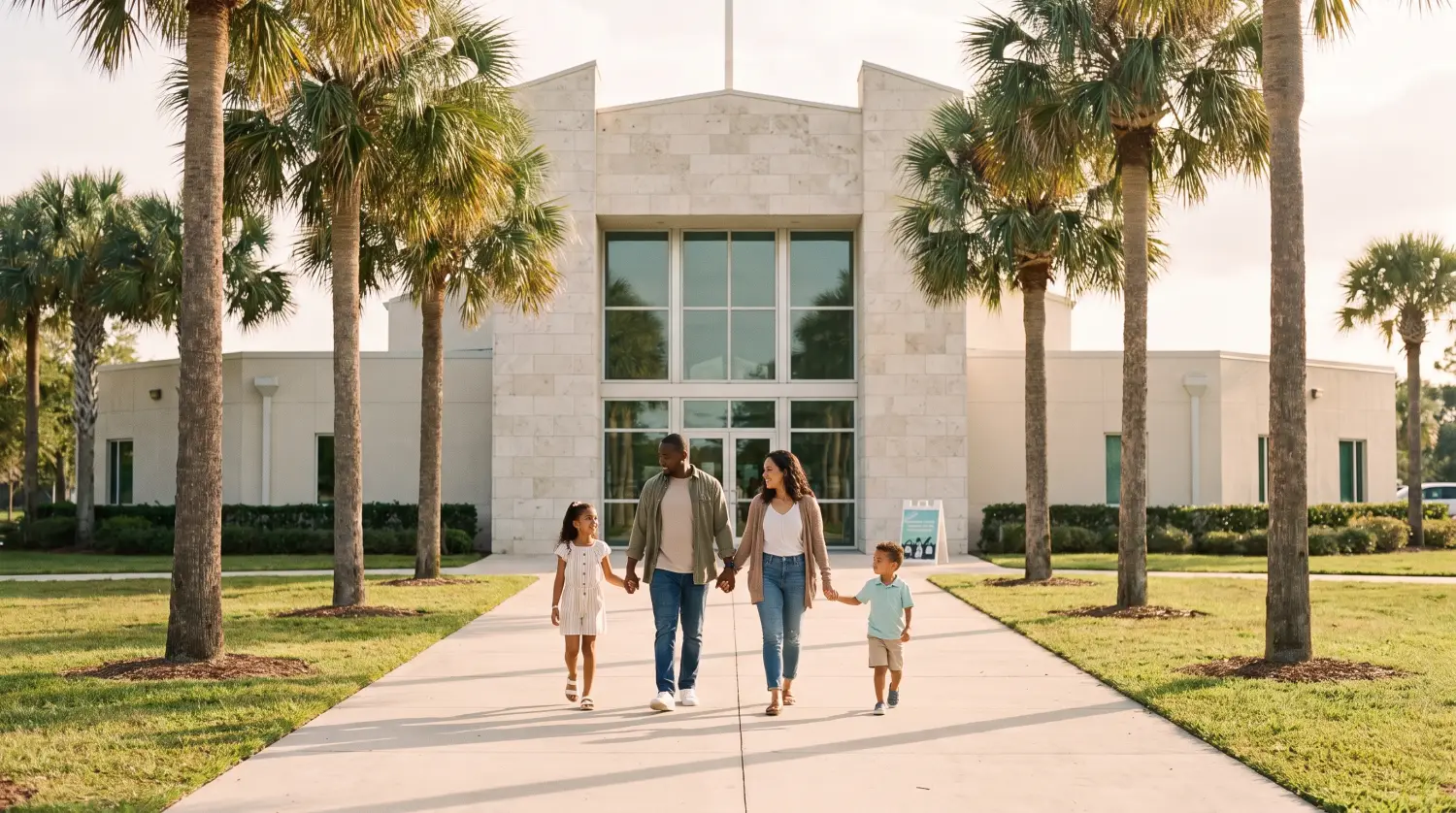 A young family walking up the palm-lined path to a modern South Florida church on a bright morning.