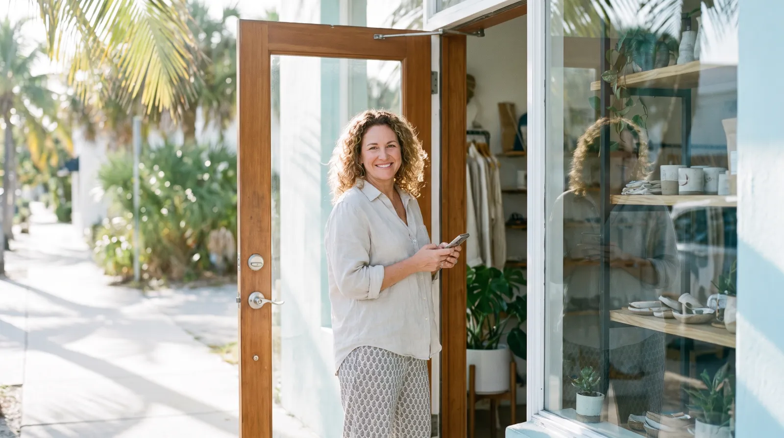 A friendly local shop owner standing in her storefront doorway in South Florida, holding a phone.