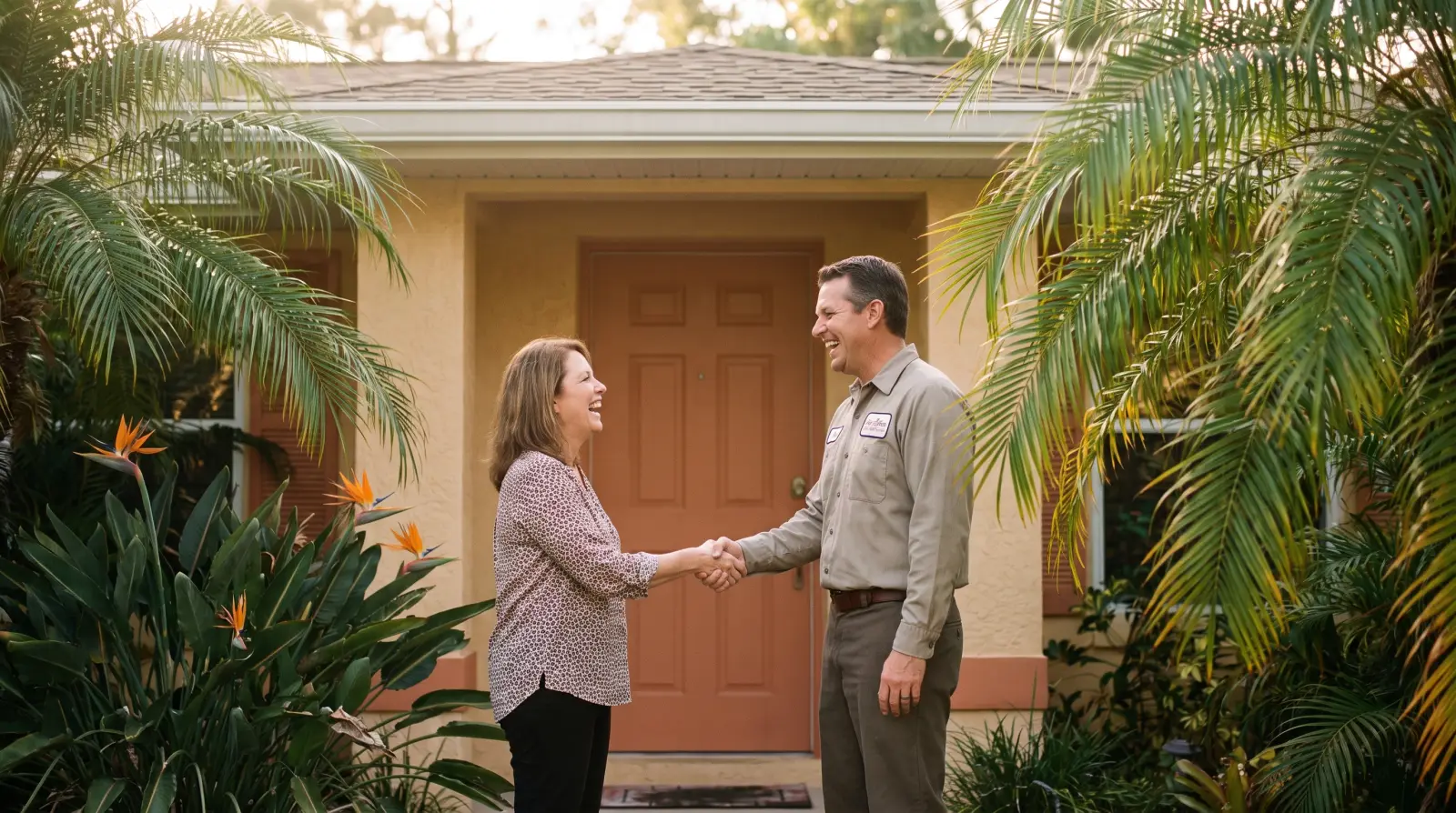 A happy South Florida homeowner shaking hands with a uniformed service technician at her front door.