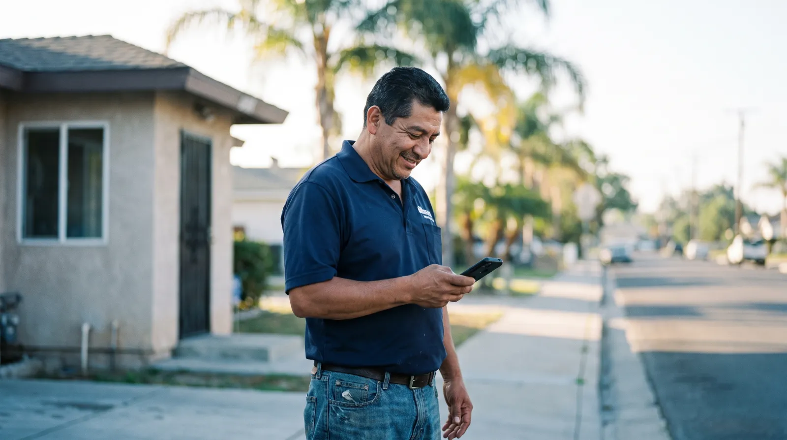A South Florida small business owner in a work polo smiling at his phone outside his shop on a palm-lined street.