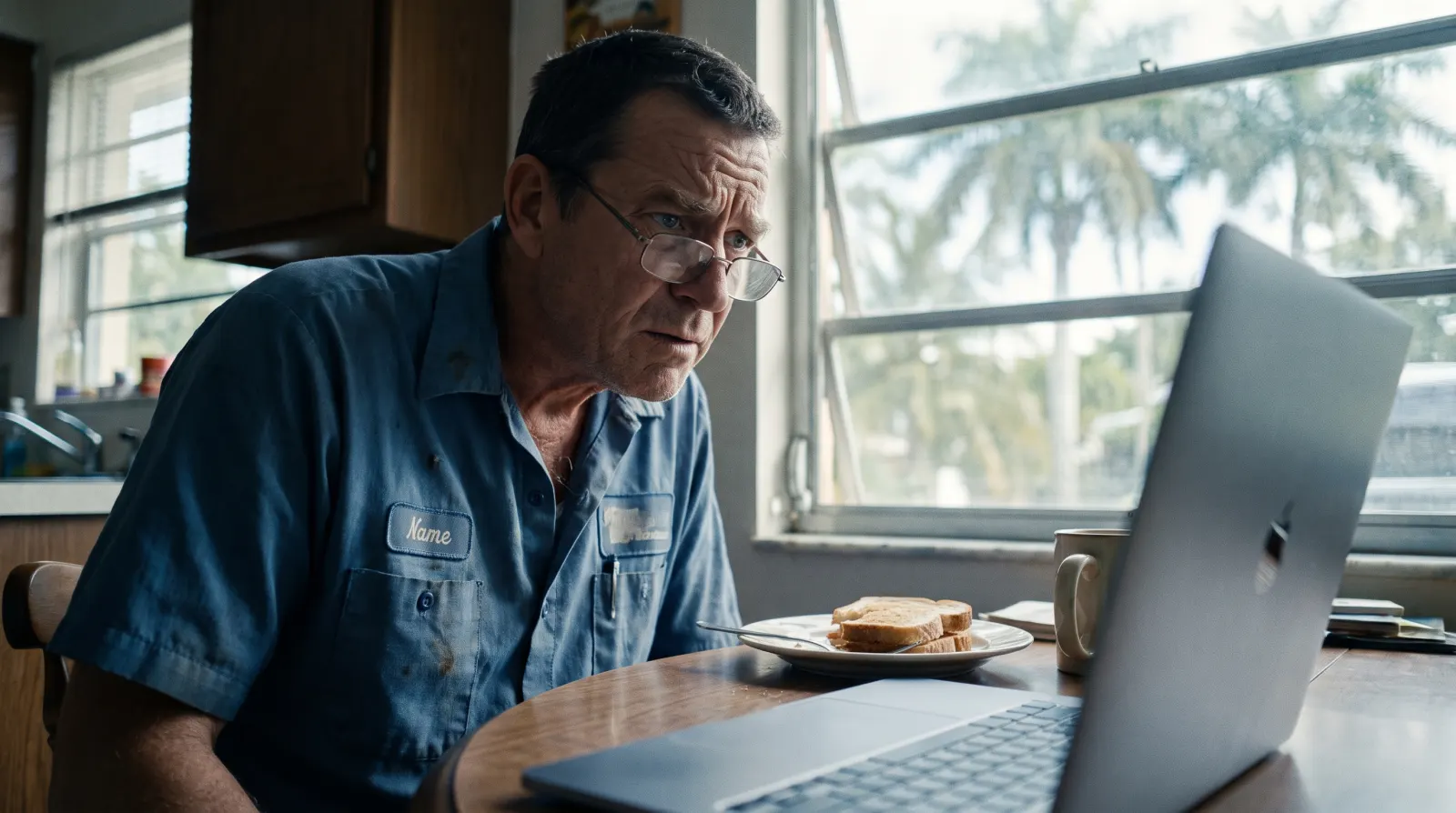 A contractor squinting with concern at a laptop at a kitchen table in a South Florida home.