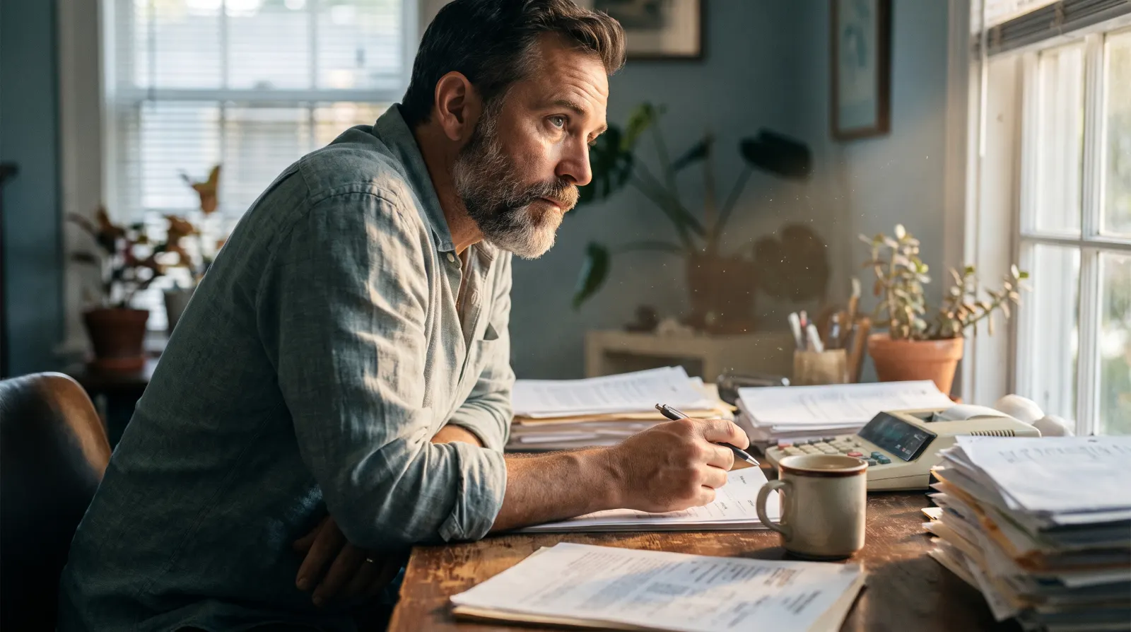 A small business owner reviewing paperwork with a calculator at a desk in a South Florida office.