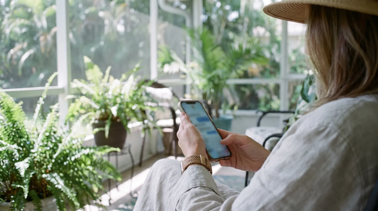 Close-up of a woman's hands holding a smartphone on a sunlit South Florida lanai.