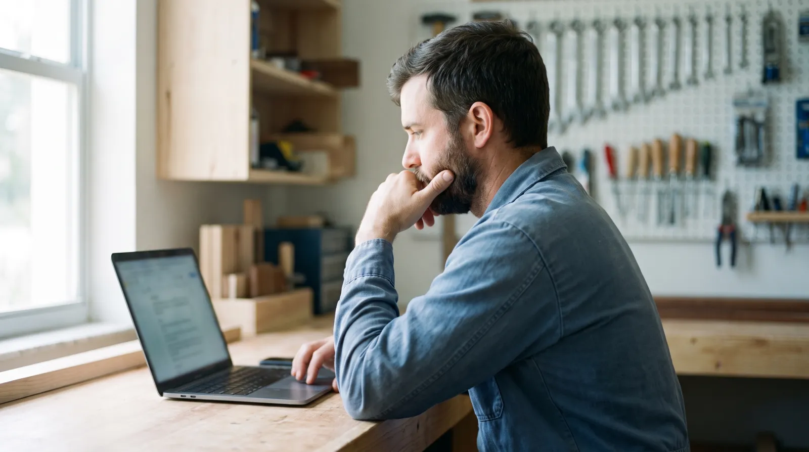 A South Florida tradesman looking thoughtfully at a laptop at his workshop bench.