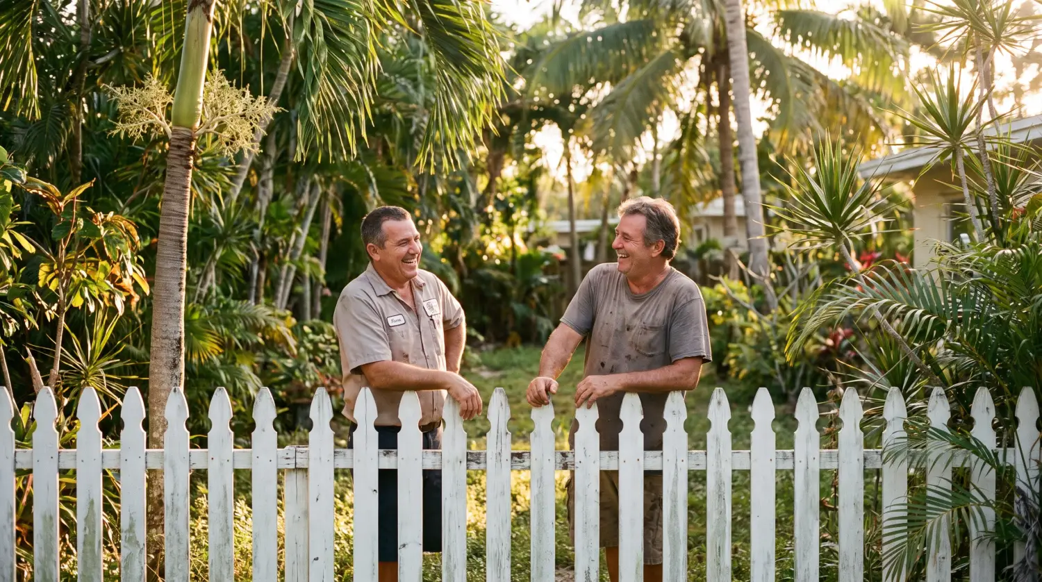 Two neighbors, one a tradesman, chatting over a white fence in a South Florida backyard.