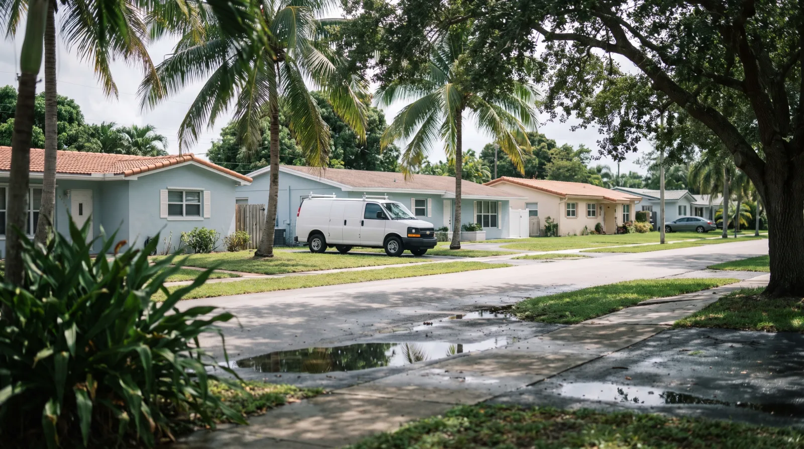 Local SEO in Miami in South Florida | FoundRank.AI A quiet residential street in Miami, South Florida, lined with pastel single-family homes, palm trees, and a plain white work van parked at the curb.