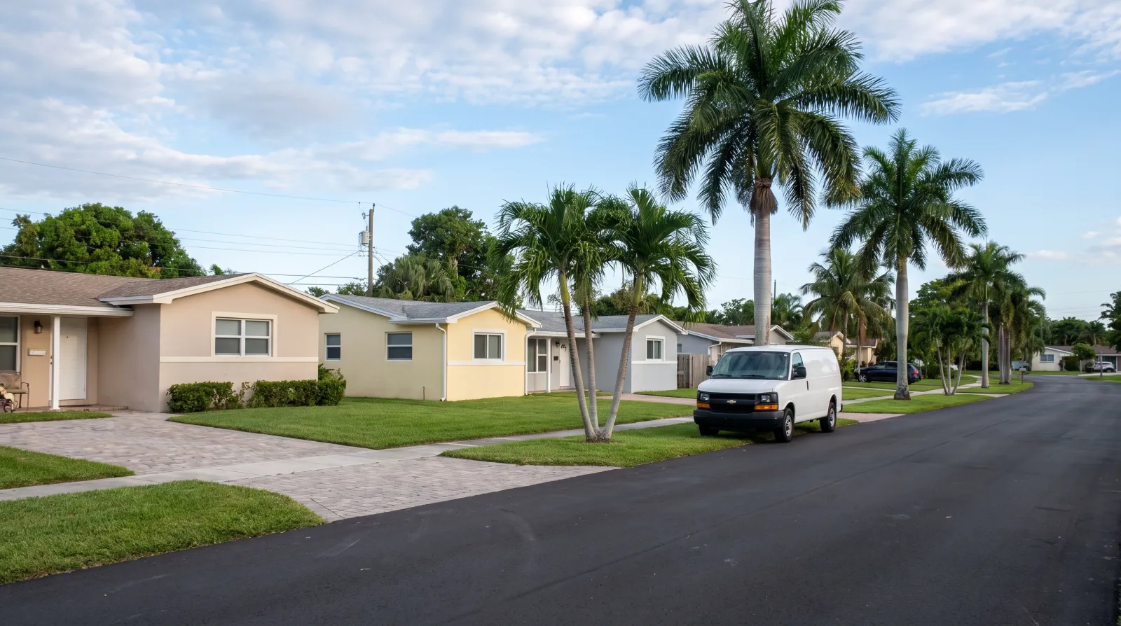 Local SEO in Pembroke Pines in South Florida | FoundRank.AI A quiet residential street in Pembroke Pines, South Florida, lined with single-story homes, palm trees, and a parked white work van.
