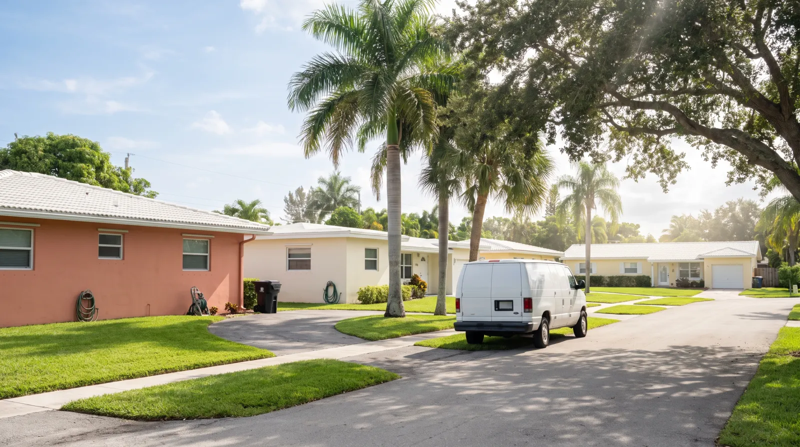 A quiet residential street in Boca Raton, South Florida, lined with palm trees, tidy lawns, and single-story homes.