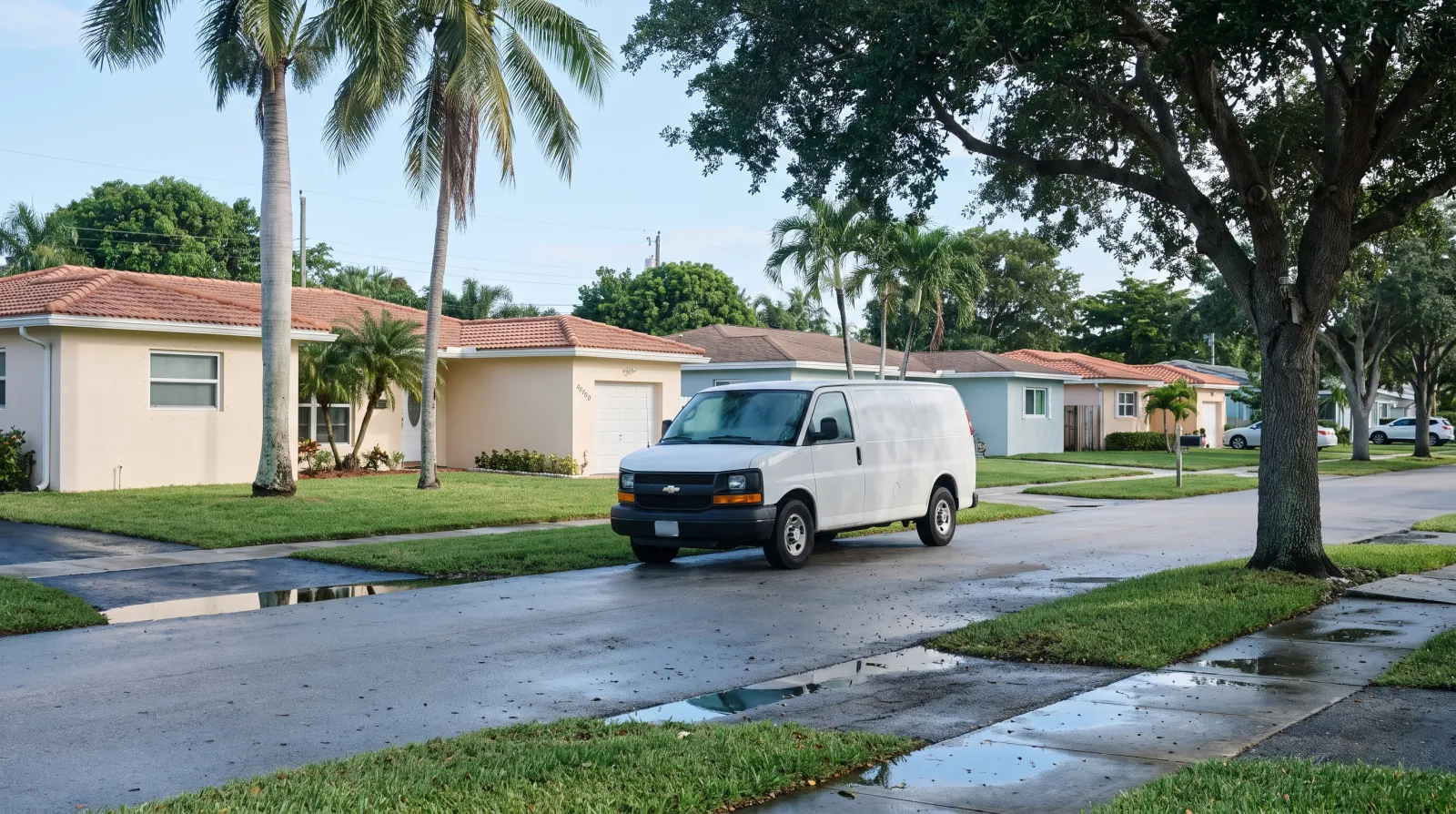 A quiet residential street in Fort Lauderdale, South Florida, lined with single-family homes, palm trees, and a parked white work van.