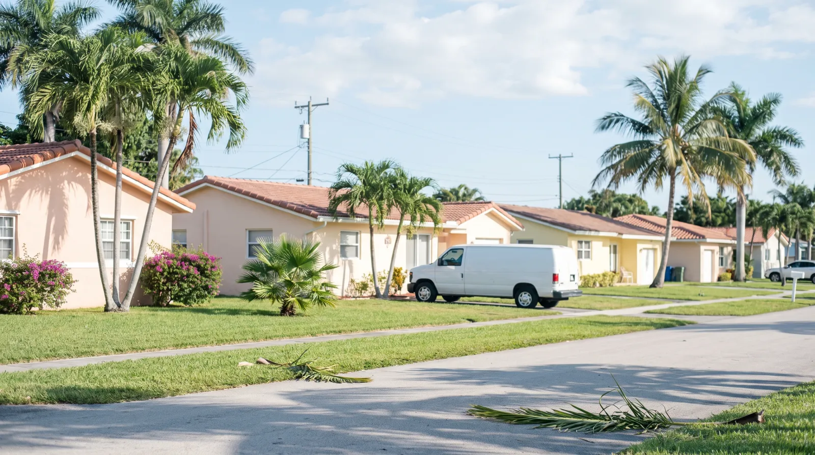 Local SEO in Hollywood in South Florida | FoundRank.AI A quiet residential street in Hollywood, Florida lined with single-family homes and palm trees, with a plain white work van parked at the curb.