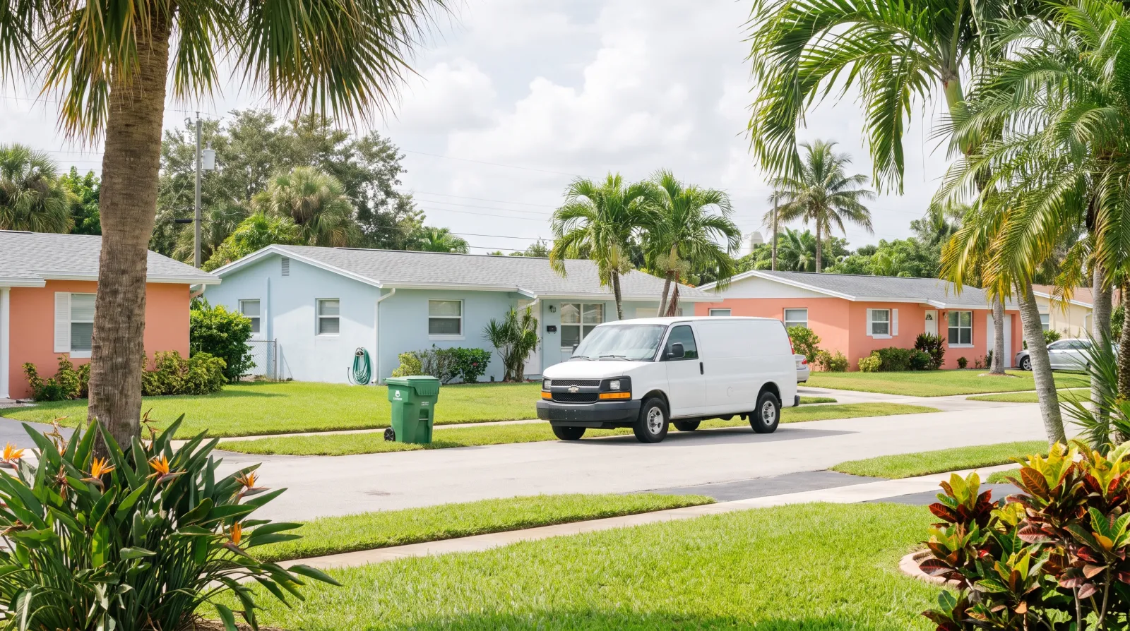 Local SEO in Pompano Beach in South Florida | FoundRank.AI A quiet residential street in Pompano Beach, South Florida, lined with single-story homes, palm trees, and a parked white work van.