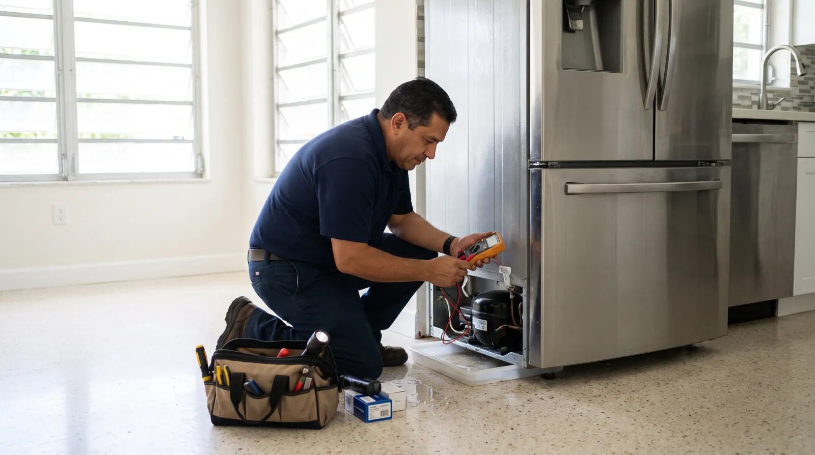 A technician kneels beside a pulled-out stainless steel refrigerator in a sunlit South Florida kitchen, testing the compressor's start relay with a multimeter.