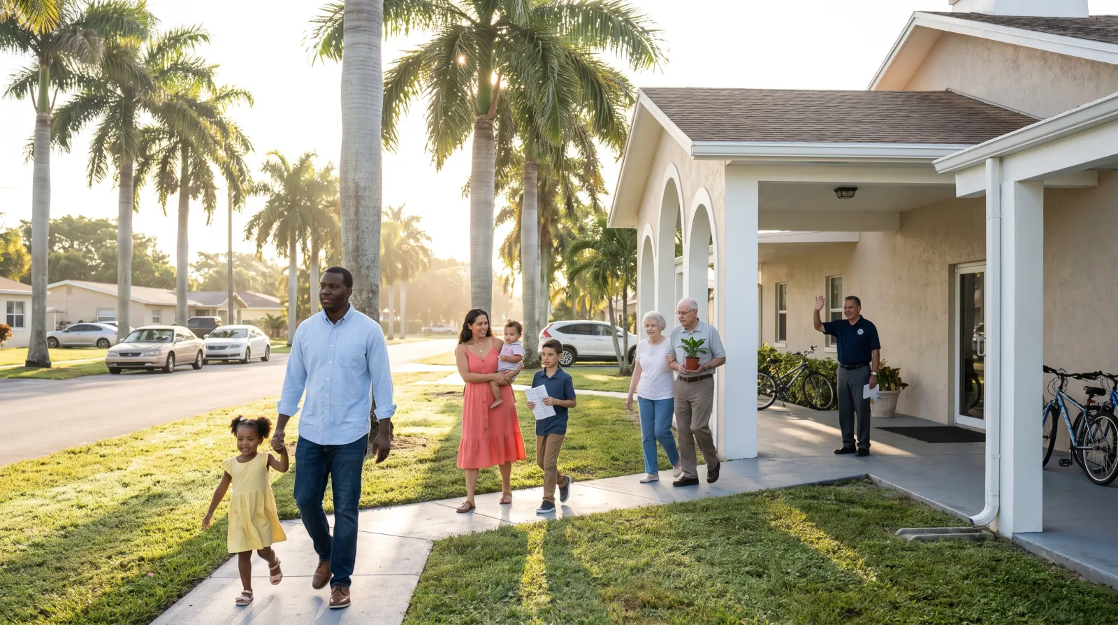 Diverse families walk up the palm-lined entrance path of a modern South Florida church on a bright Sunday morning as a greeter welcomes them inside.