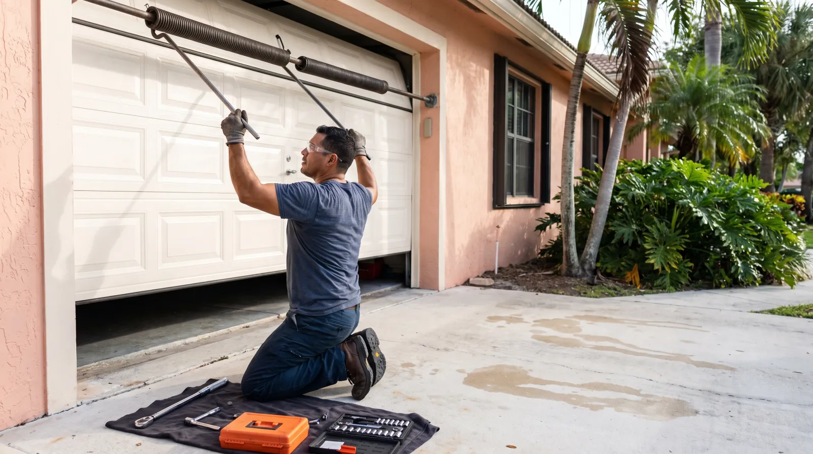 A garage door technician kneels beside a raised residential garage door in a South Florida driveway, using a winding bar to adjust the torsion spring tension.