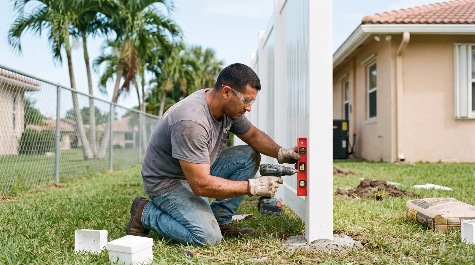 Two hardscape workers install tan travertine pavers on a residential driveway in South Florida, tapping stones into place and screeding joint sand in front of a stucco ranch home.