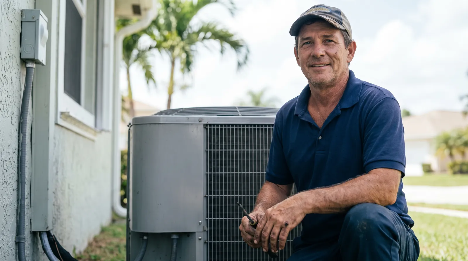 Local SEO for HVAC in South Florida | FoundRank.AI HVAC technician servicing an outdoor air conditioning unit at a South Florida home.