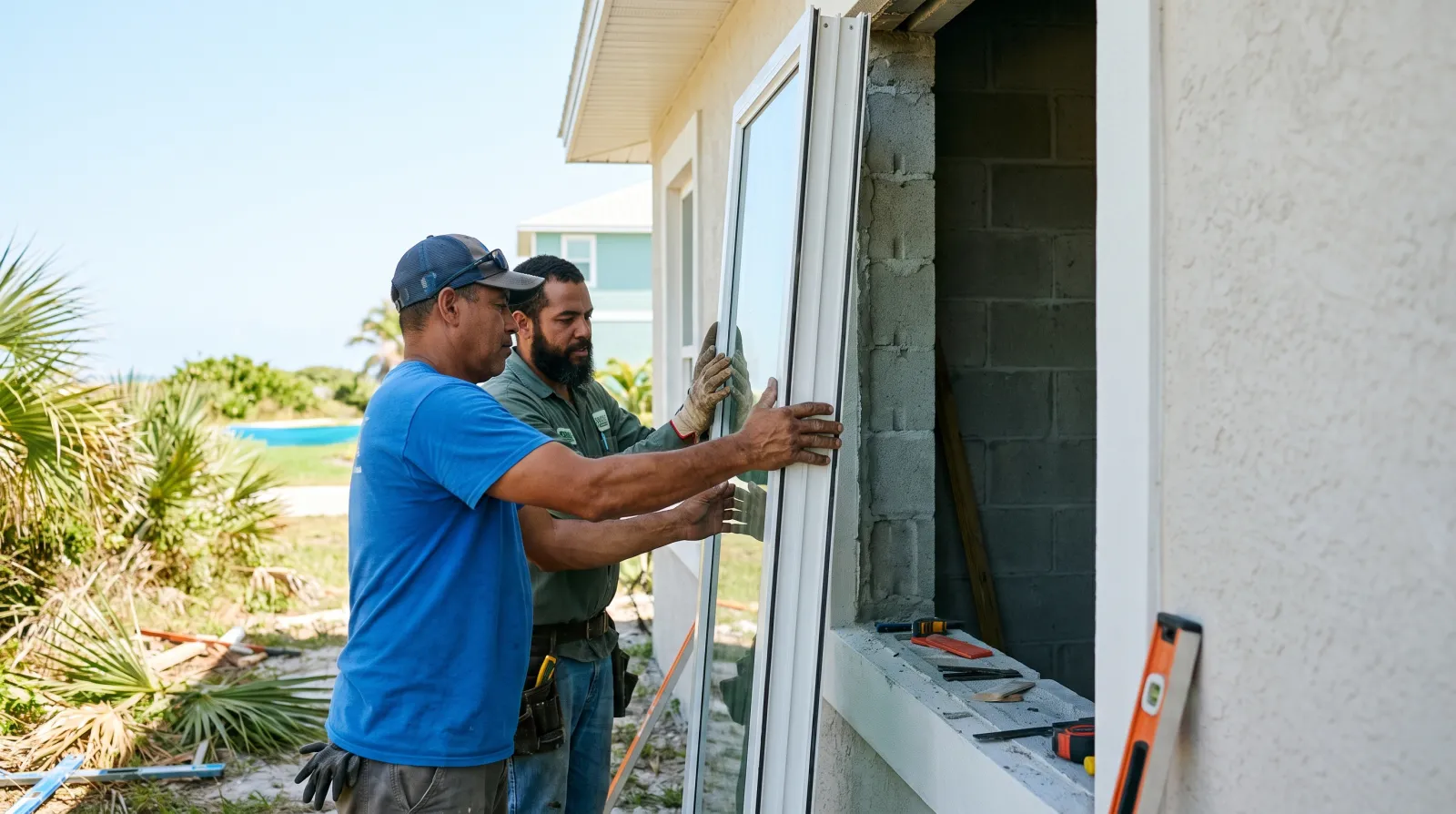 Local SEO for Impact window companies in South Florida | FoundRank.AI Installers fitting a hurricane-rated impact window on a South Florida home.
