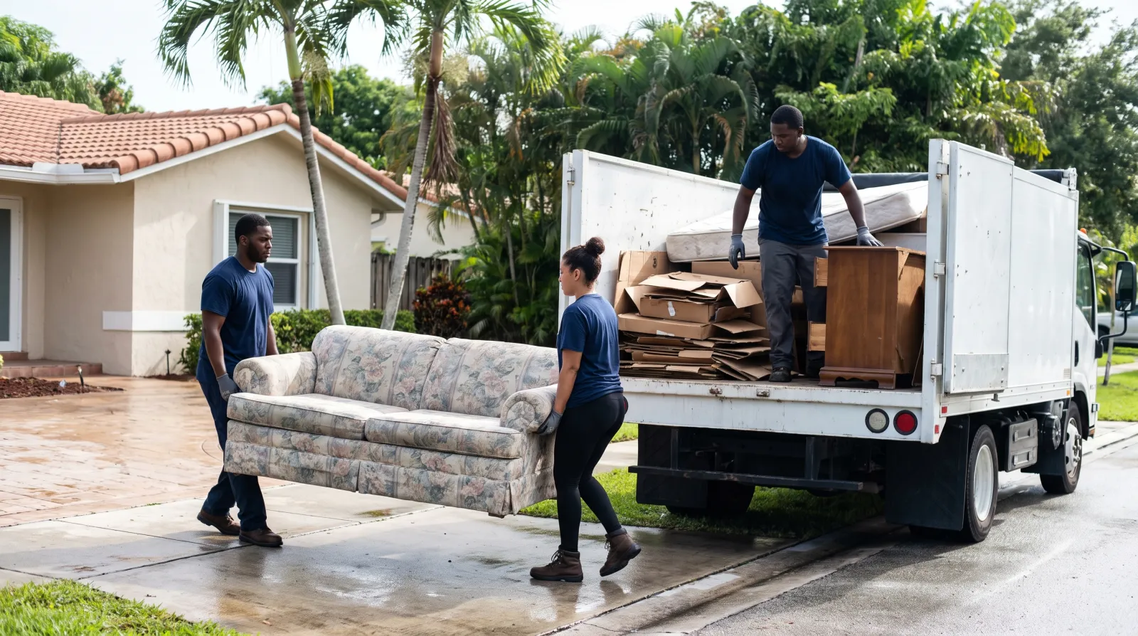 A junk removal crew carries an old sofa down a driveway and loads it into an open-bed truck outside a South Florida home.