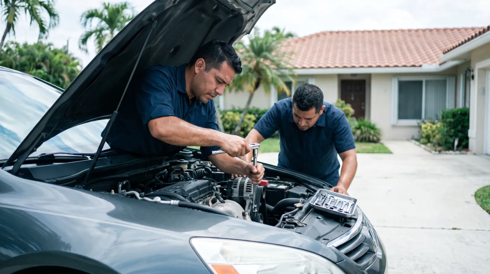 A mechanic checks the serpentine belt and alternator under the open hood of a sedan parked in a residential driveway in South Florida.