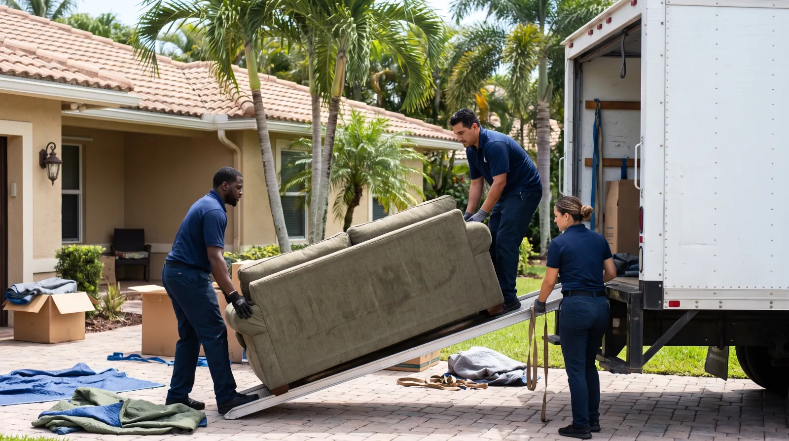 Two moving company crew members carry a wrapped sofa down the walkway of a stucco home with palm trees toward a moving truck in South Florida.