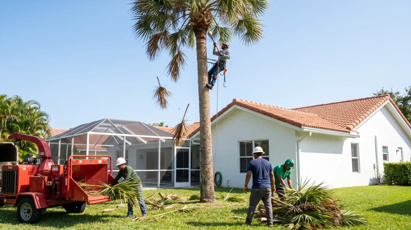 A tree service arborist trims dead fronds from a tall palm while ground crew members feed cuttings into a chipper in a South Florida residential backyard.
