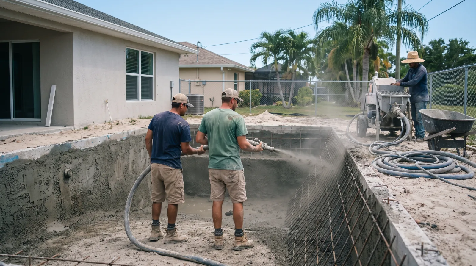 A pool construction crew applies wet gunite to the walls of a freshly excavated pool shell in a South Florida backyard.
