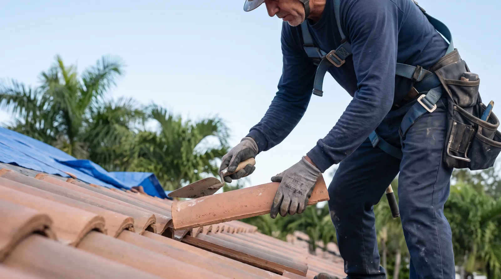 Roofer installing clay barrel roof tiles on a South Florida home.