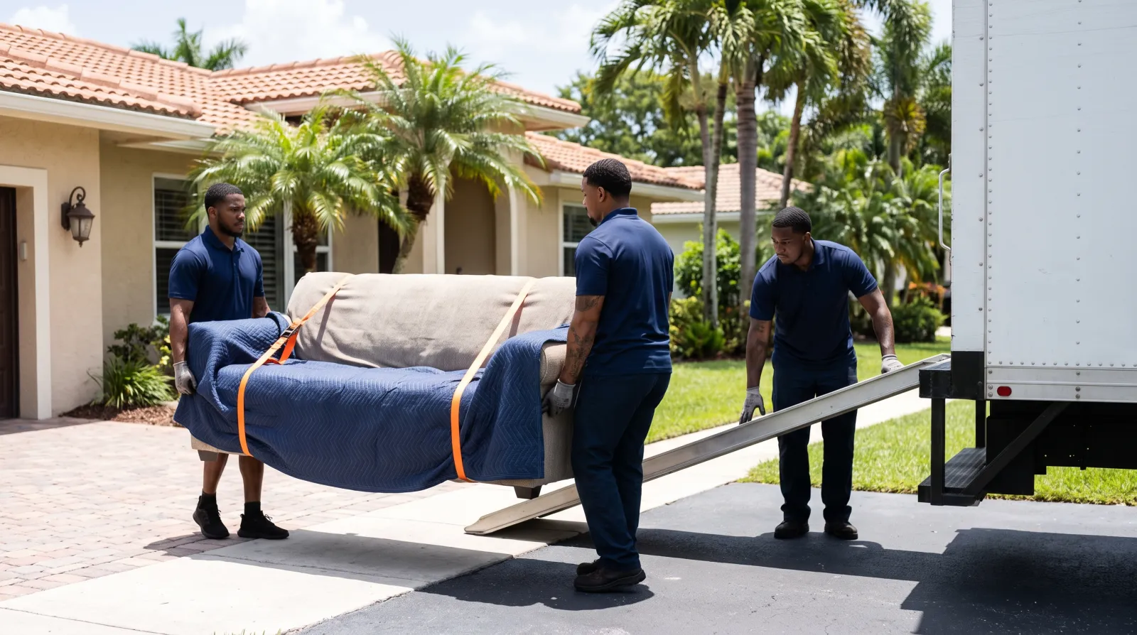 A window cleaner uses a squeegee and soapy water to wash a large exterior sliding glass window on a stucco home with a tropical yard in South Florida.