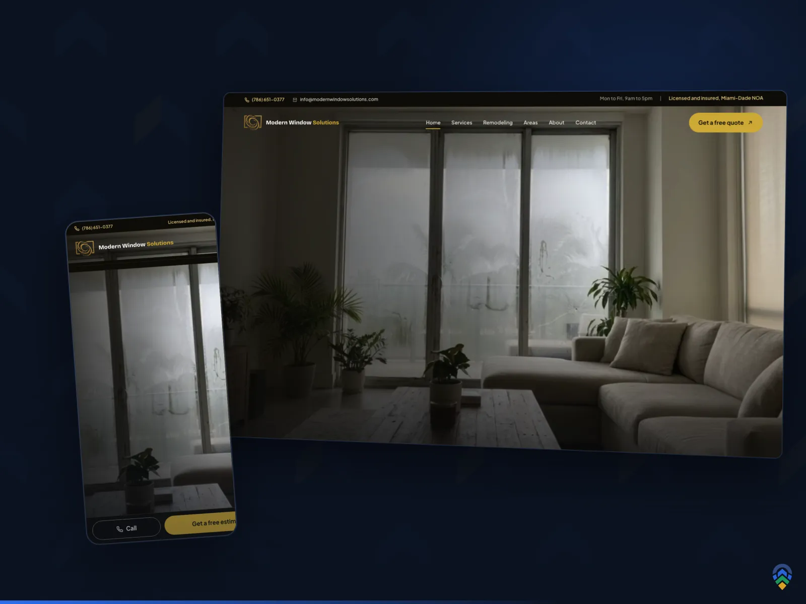 Modern Window Solutions impact window company website by FoundRank.AI, shown on desktop and mobile against the FoundRank chevron backdrop.